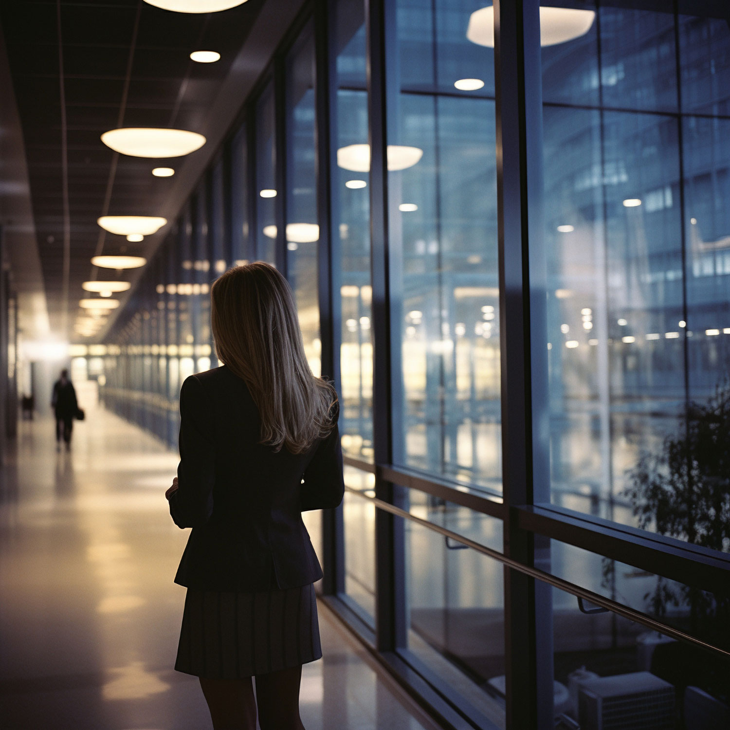 Mulher em aeroporto para viagem corporativa